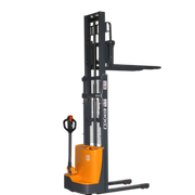 EKKO electric pallet stacker with black and orange design and extended forks for lifting pallets