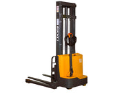 EKKO Electric Pallet Stacker in yellow and black with tall lifting mast and control handle