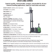EKKO Electric Pallet Stacker EK14-130Li Series with 3300 lbs capacity and 130-inch lift height