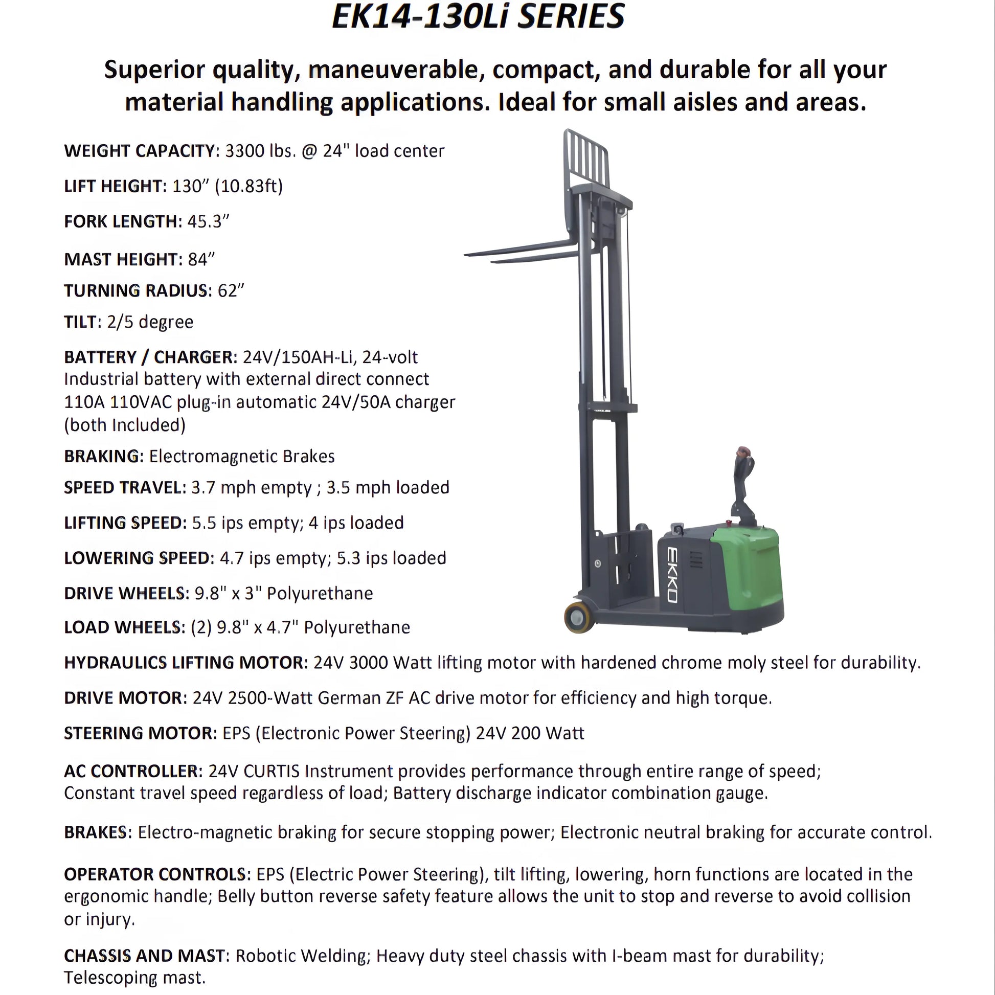 EKKO Electric Pallet Stacker EK14-130Li Series with 3300 lbs capacity and 130-inch lift height