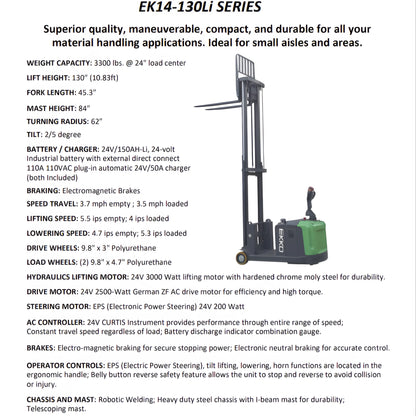 EKKO Electric Pallet Stacker EK14-130Li Series with 3300 lbs capacity and 130-inch lift height