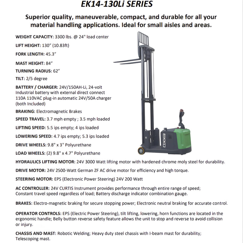 EKKO Electric Pallet Stacker EK14-130Li Series with 3300 lbs capacity and 130-inch lift height