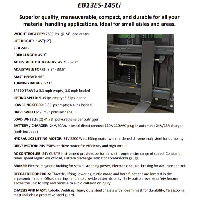 EKKO Electric Pallet Stacker EB13ES-145Li compact durable and maneuverable material handling equipment