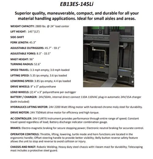 EKKO Electric Pallet Stacker EB13ES-145Li compact durable and maneuverable material handling equipment