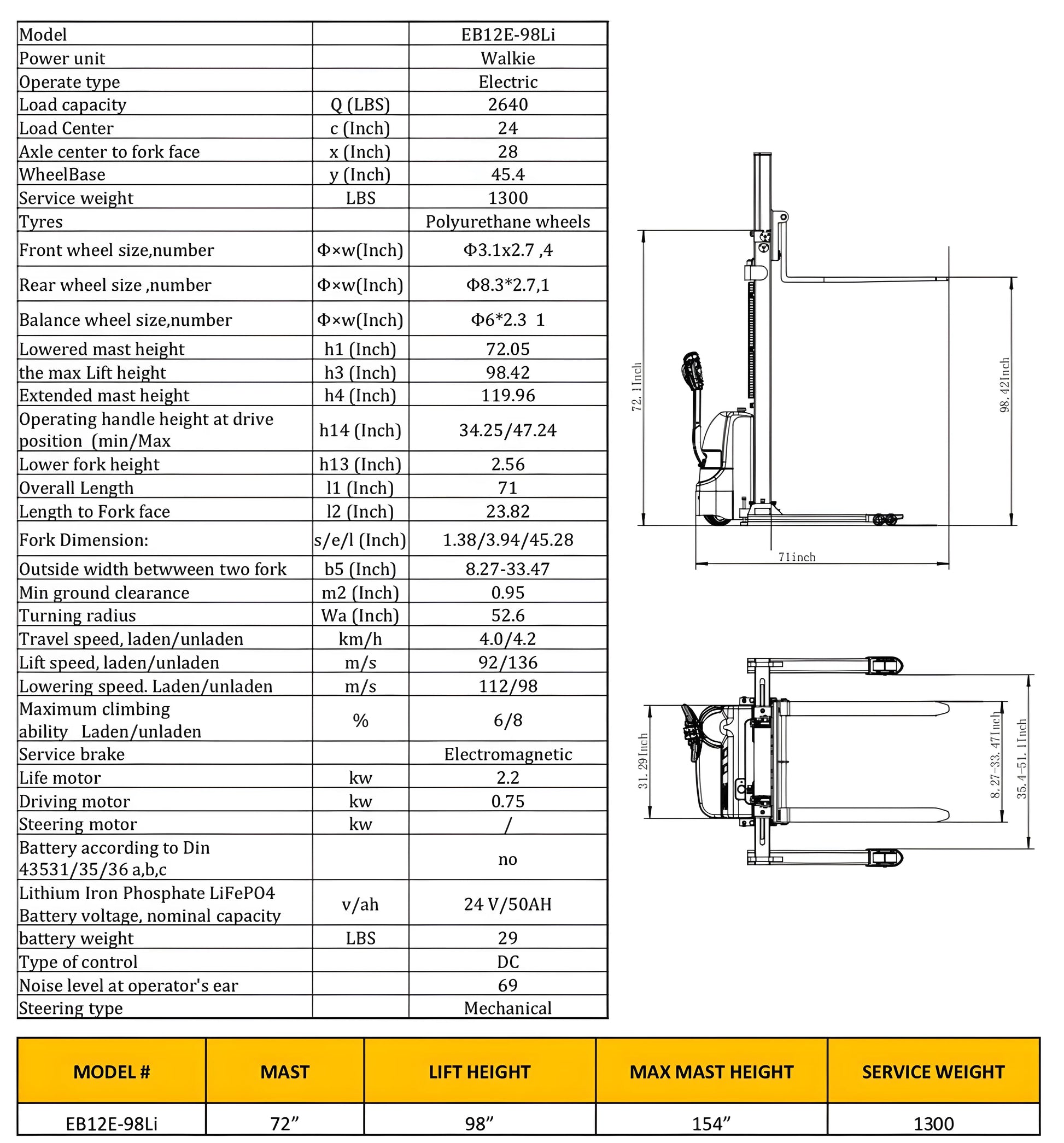 EKKO Electric Pallet Stacker model EB12E-98Li with 2640 lbs load capacity and 98 inch lift height