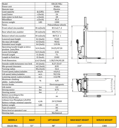 EKKO Electric Pallet Stacker model EB12E-98Li with 2640 lbs load capacity and 98 inch lift height