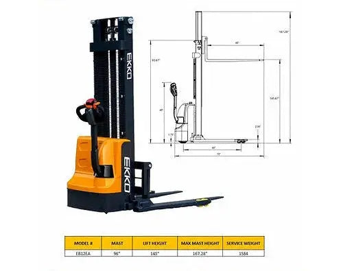 EKKO Electric Pallet Stacker with detailed specifications and dimensions for warehouse lifting