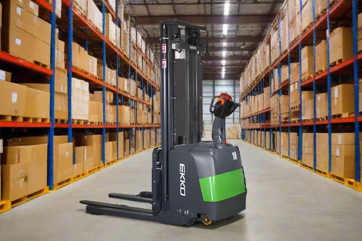 EKKO Electric Pallet Stacker in warehouse aisle lifting pallets with control handle and safety features