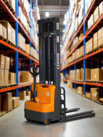 EKKO Electric Pallet Stacker in warehouse aisle with orange and black design for lifting and moving pallets