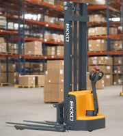 EKKO Electric Pallet Stacker in orange and black lifting pallets in a warehouse