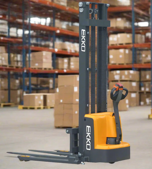 EKKO Electric Pallet Stacker in orange and black lifting pallets in a warehouse