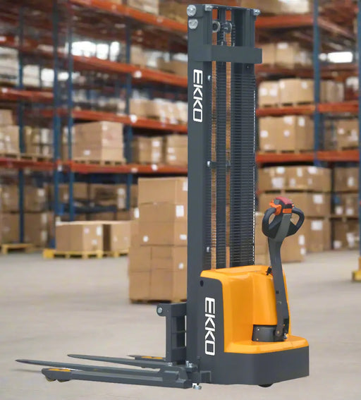 EKKO Electric Pallet Stacker in orange and black lifting pallets in a warehouse