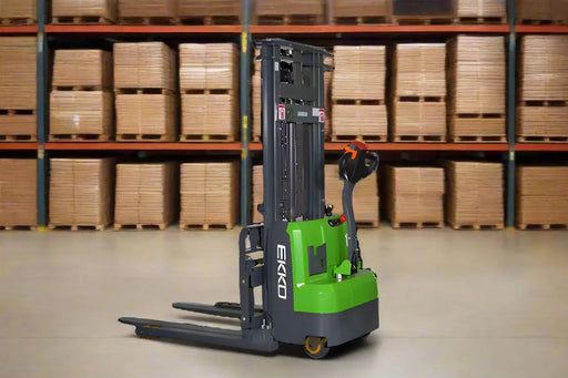 EKKO Electric Pallet Stacker in green and black used for lifting pallets in a warehouse
