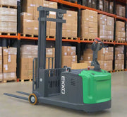 EKKO Electric Pallet Stacker in warehouse with stacked cardboard boxes on metal shelves