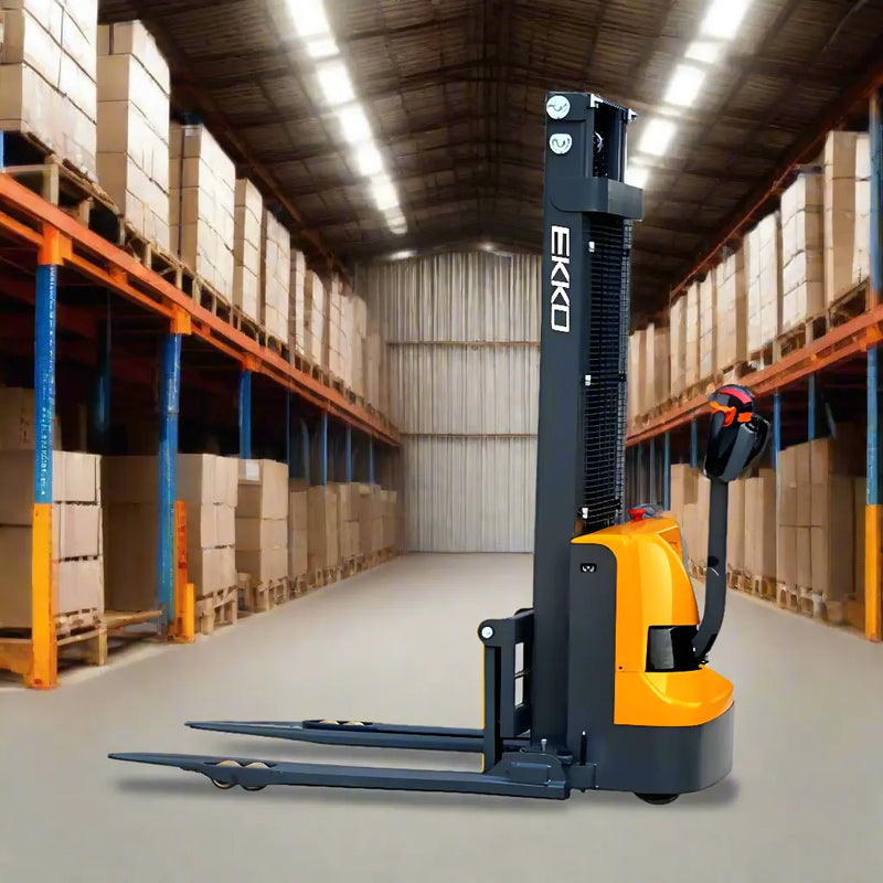 EKKO Electric Straddle Stacker in warehouse with orange and black design for efficient pallet handling