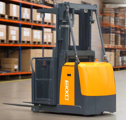 EKKO EOP68 electric forklift with yellow and black design in warehouse with shelves and boxes