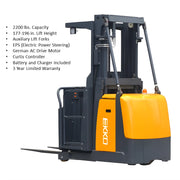 EKKO EOP68 electric forklift with 2200 lbs capacity and auxiliary lift forks in yellow and gray color