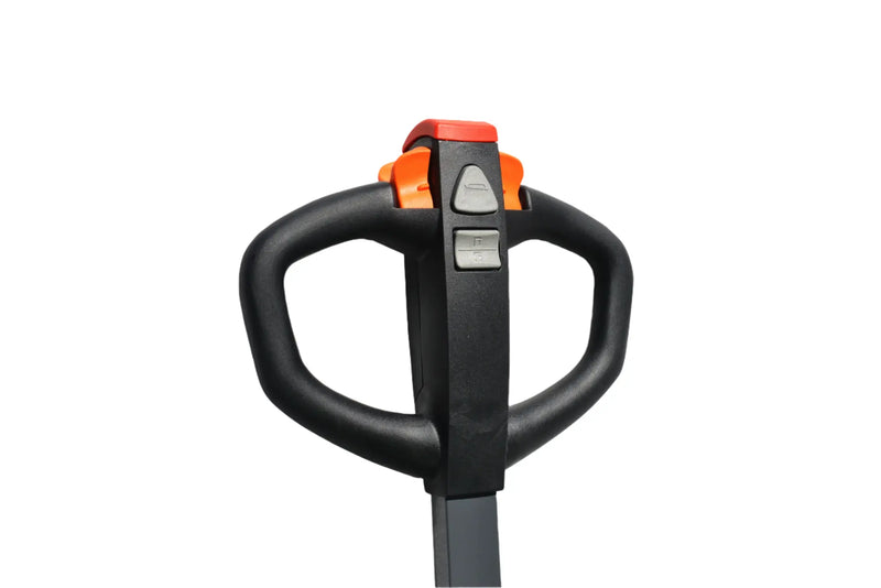 Handle grip of EKKO EP15JLi pallet jack with black sturdy design and orange control buttons
