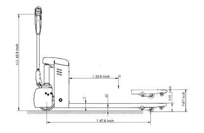 Technical drawing of EKKO EP15JLi pallet jack with detailed dimensions in inches
