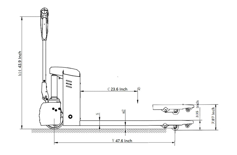 Technical drawing of EKKO EP15JLi pallet jack with detailed dimensions in inches