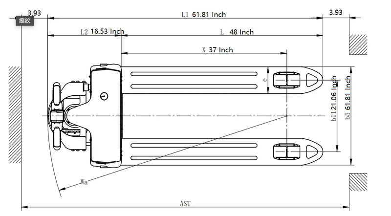 Technical drawing with dimensions for EKKO EP15JLi pallet truck showing top view measurements