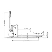 Technical line drawing of EKKO EP15JLIC straddle stacker with dimensions in inches