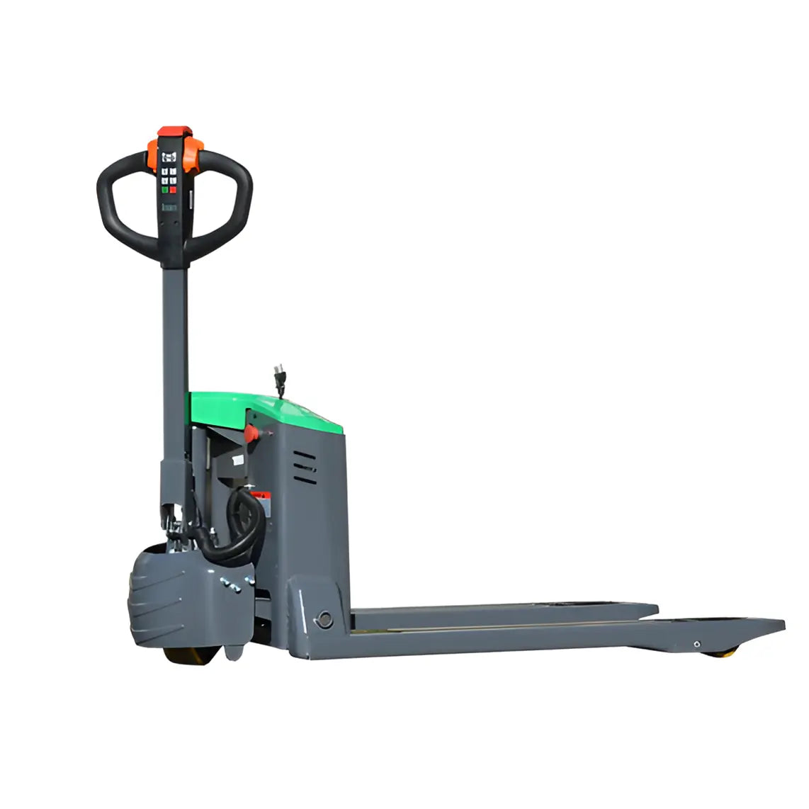 EKKO EP15JLIC straddle stacker pallet jack with green and gray body and ergonomic handle