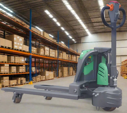 EKKO EP15SLi electric pallet jack in warehouse with shelves full of boxes