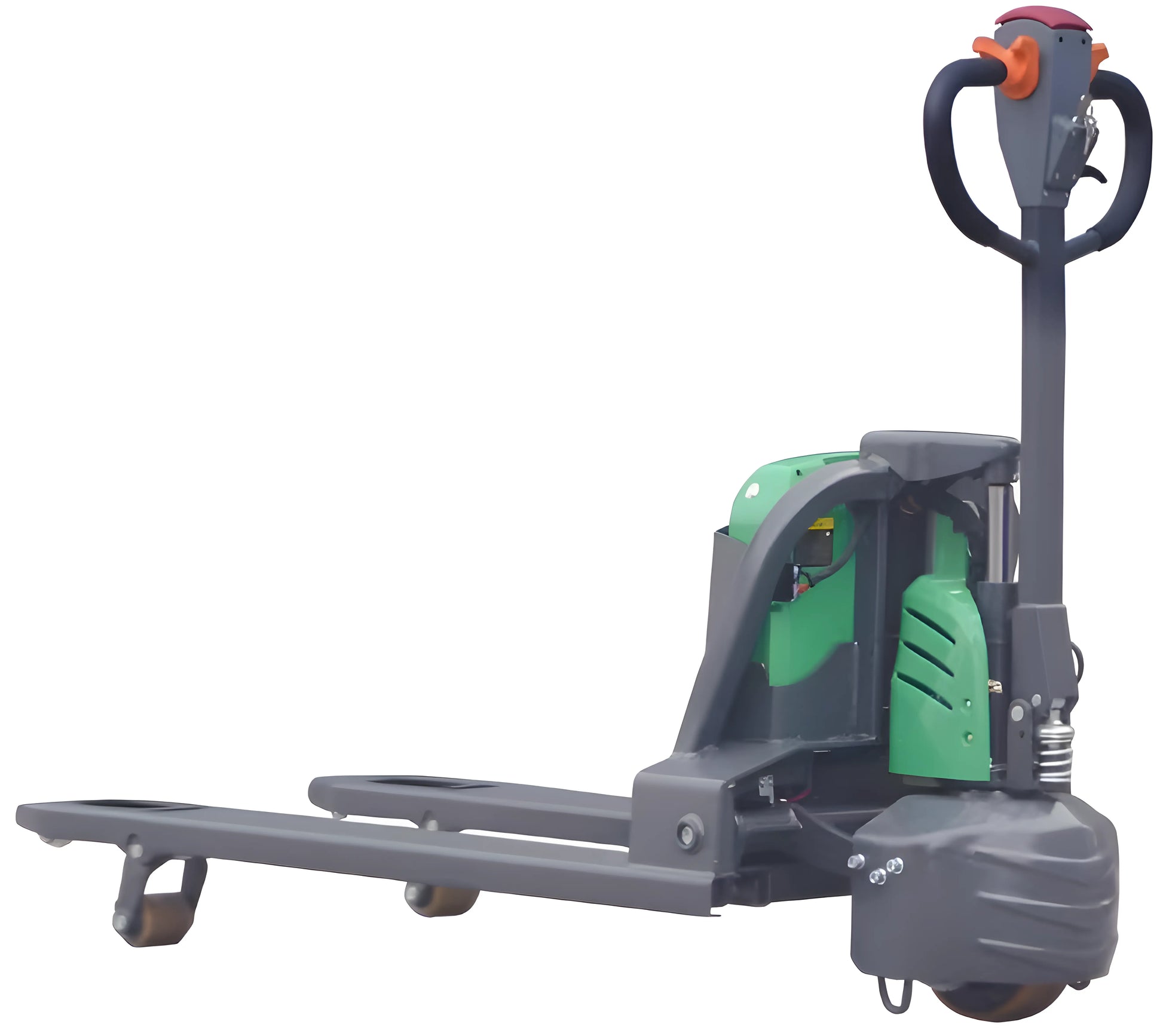 EKKO EP15SLi electric pallet jack with green and gray body and ergonomic handle design