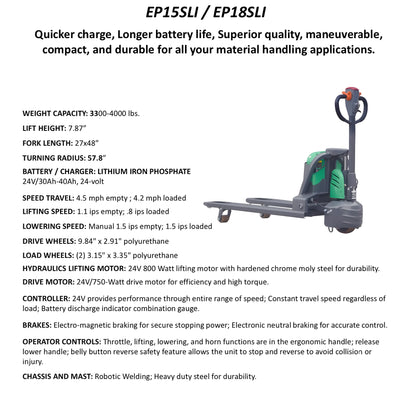 EKKO EP15SLi electric pallet jack with compact design and durable construction for material handling
