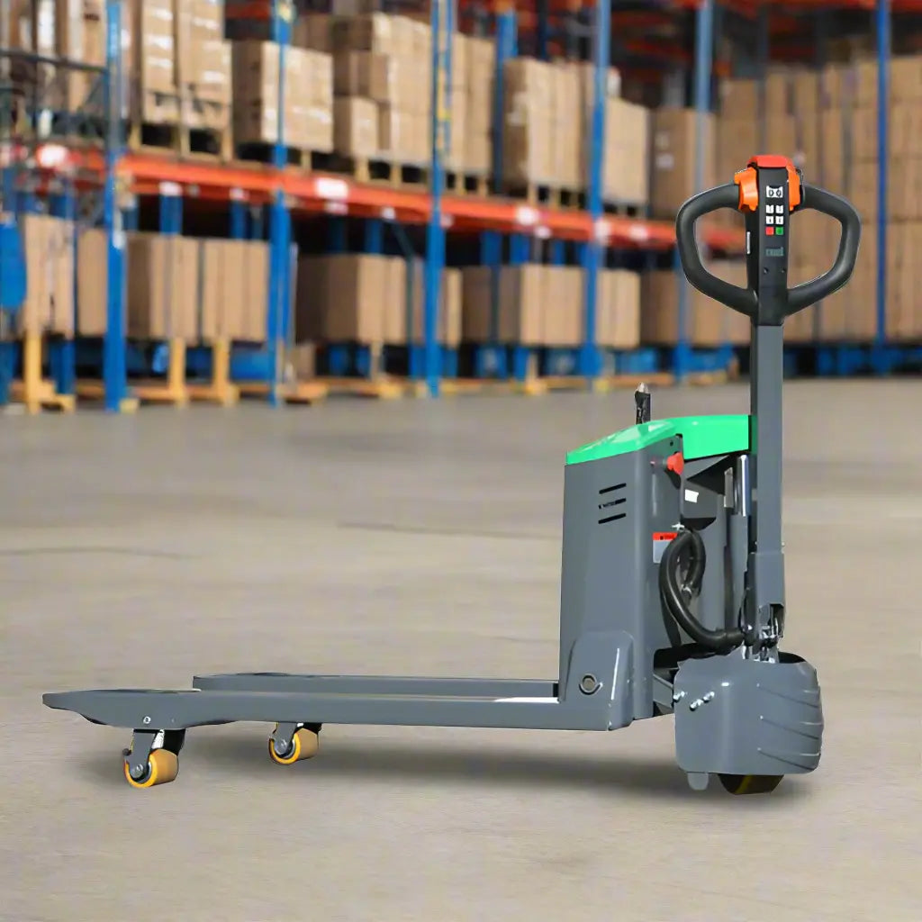 EKKO EP18JLI straddle stacker in warehouse with green and gray design for efficient pallet handling