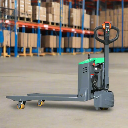 EKKO EP18JLI straddle stacker in warehouse with green and gray design for efficient pallet handling