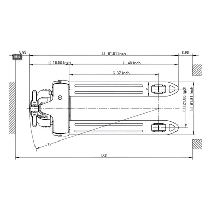 Top view technical drawing of EKKO EP18JLI straddle stacker with detailed dimensions in inches