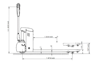 Technical drawing of EKKO EP18JLi electric pallet jack showing detailed dimensions in inches