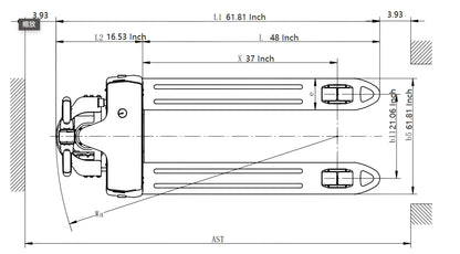 Technical drawing with dimensions of EKKO EP18JLi pallet jack showing length width and height measurements