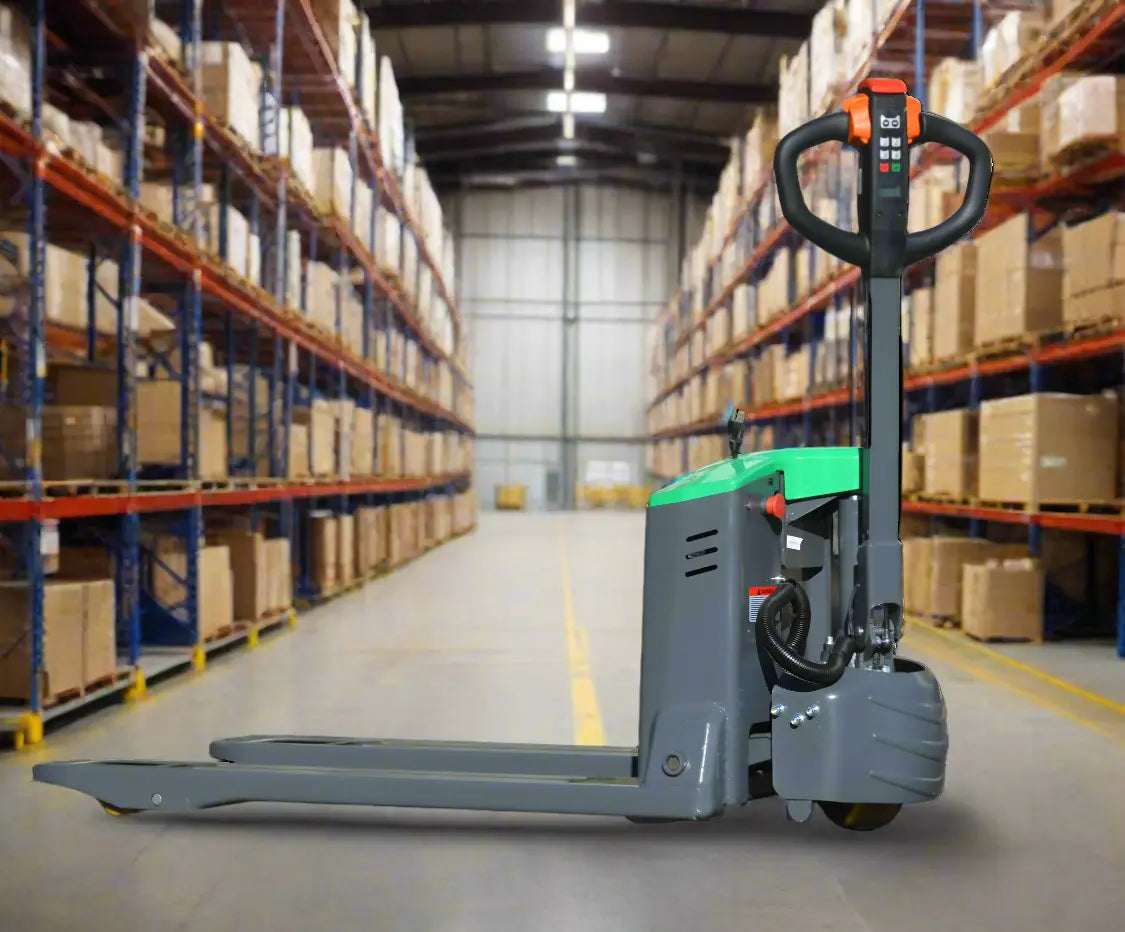 EKKO EP18JLi electric pallet jack in warehouse aisle for efficient pallet handling