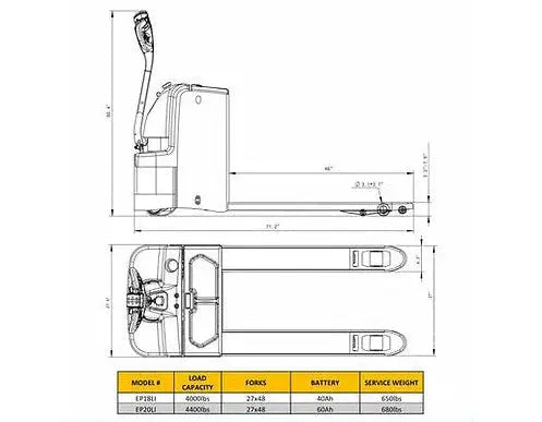 Technical drawing and specifications of EKKO EP18Li electric pallet jack with 4000lb load capacity