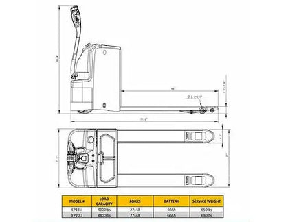 Technical drawing and specifications of EKKO EP18Li electric pallet jack with 4000lb load capacity