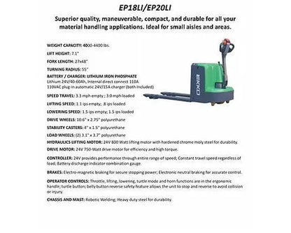 EKKO EP18Li electric pallet jack with compact design, ergonomic handle, and durable construction for material handling