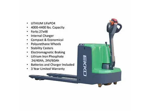 EKKO EP18Li electric pallet jack with lithium iron phosphate battery and polyurethane wheels