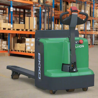 EKKO EP18Li electric pallet jack in green and black for warehouse material handling