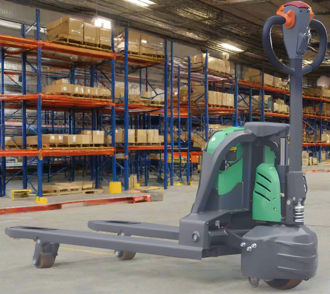EKKO EP18SLi electric pallet jack in warehouse with metal shelves and boxes