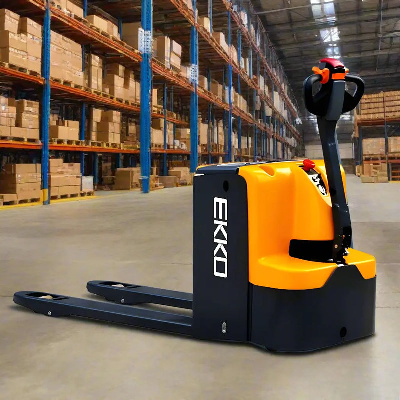 EKKO EP20E electric pallet jack in warehouse with yellow and black body and ergonomic handle
