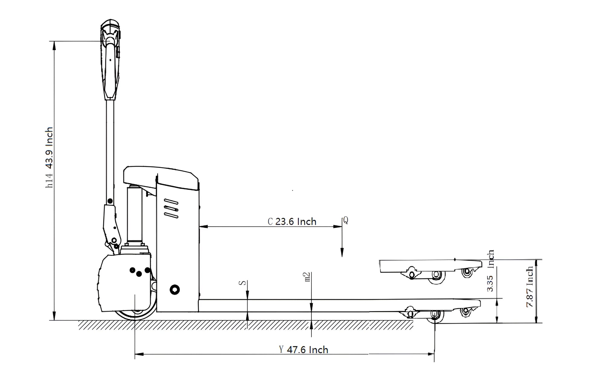 Technical drawing of EKKO EP20JLi pallet jack with detailed dimensions and handle design