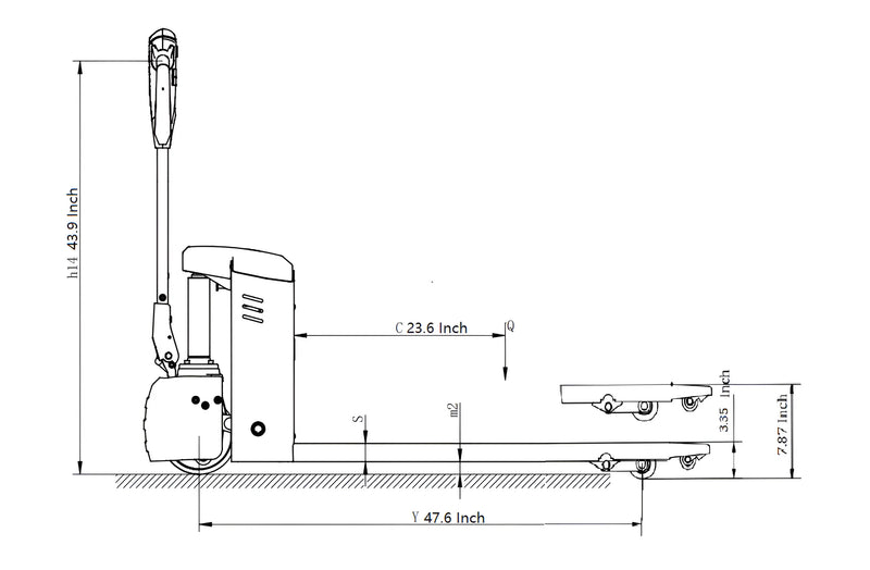 Technical drawing of EKKO EP20JLi pallet jack with detailed dimensions and handle design
