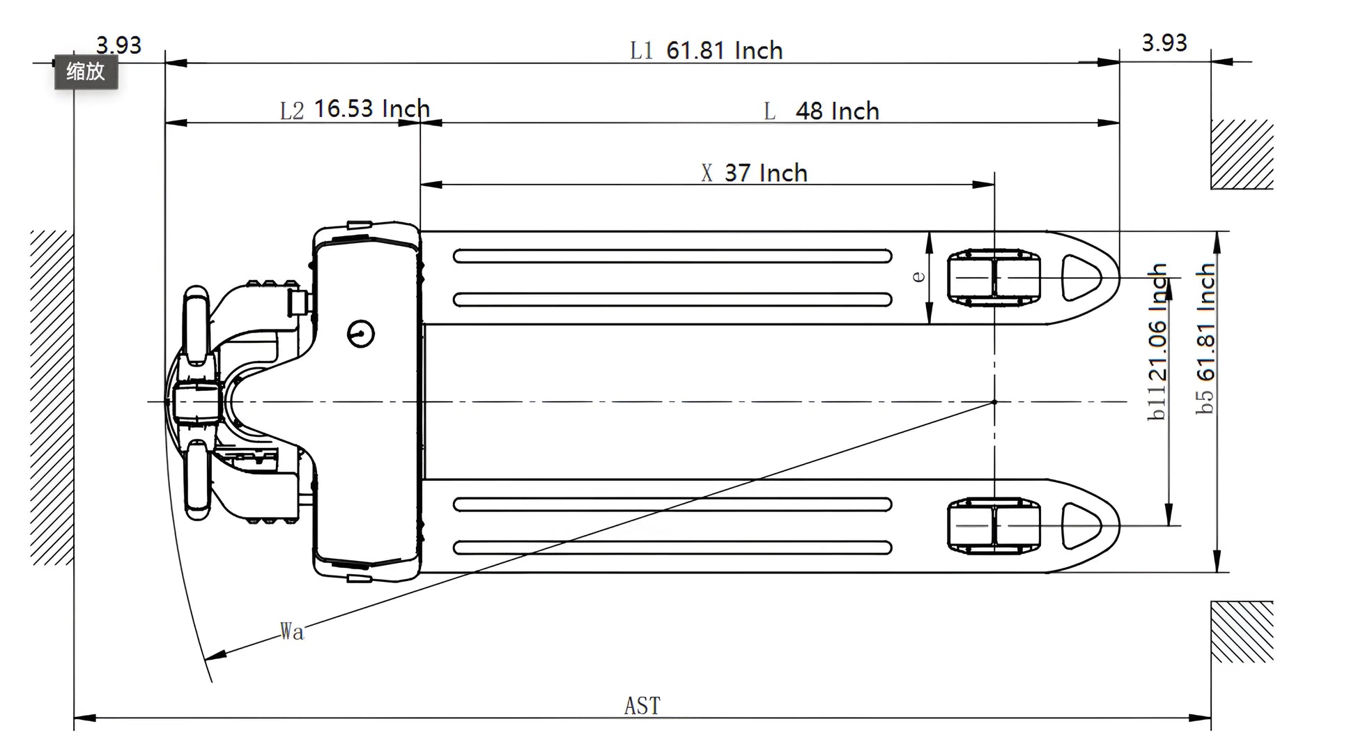 Technical drawing with dimensions of EKKO EP20JLi pallet jack showing top view and measurements
