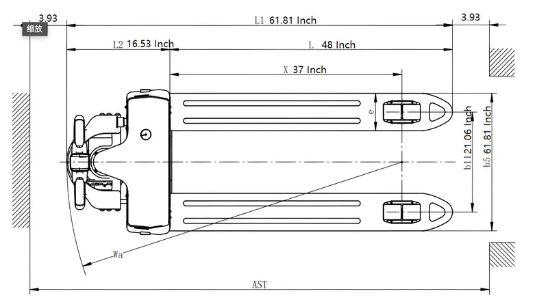 Technical drawing with dimensions of EKKO EP20JLi pallet jack showing top view and measurements