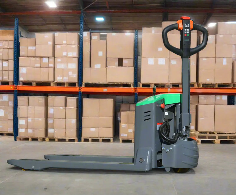 EKKO EP20JLi electric pallet jack with ergonomic handle in warehouse with stacked cardboard boxes
