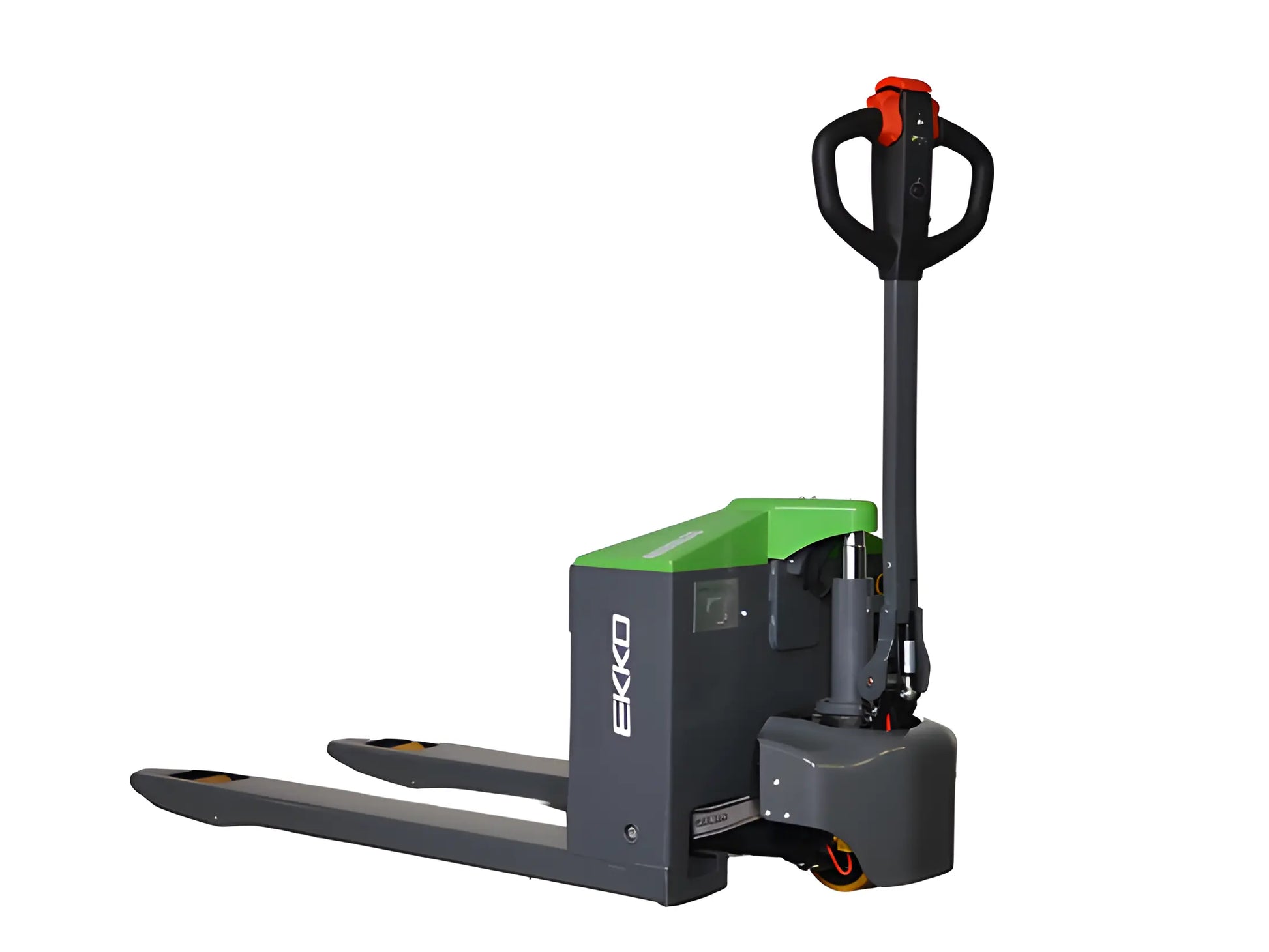 EKKO EP20JLIC electric pallet jack with gray and green body and ergonomic handle