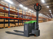 EKKO EP20JLIC electric pallet jack in warehouse with shelving and boxes in background